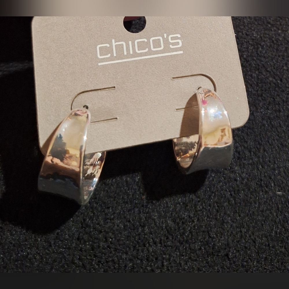 Chico's Shiny Silver Statement Earrings NWT Hoops - Picture 2 of 5